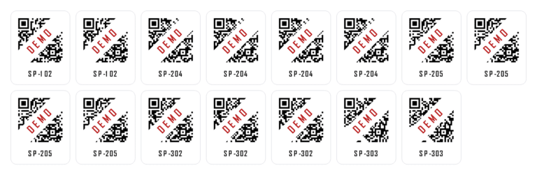 Ark med QR-mærker 20 x 25 mm — demonstration