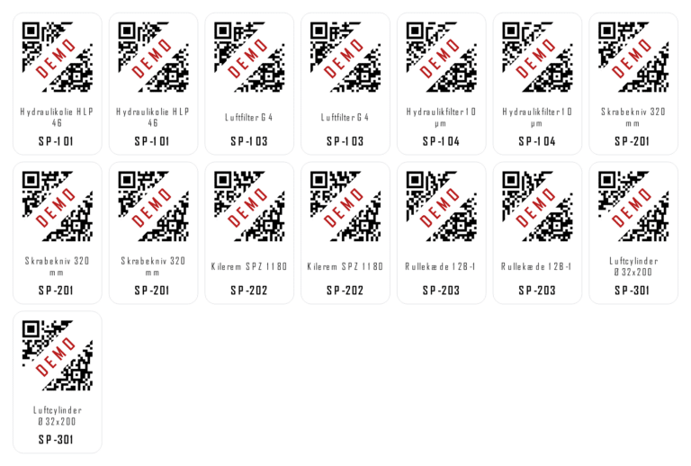 Ark med QR-mærker 25 x 40 mm — demonstration